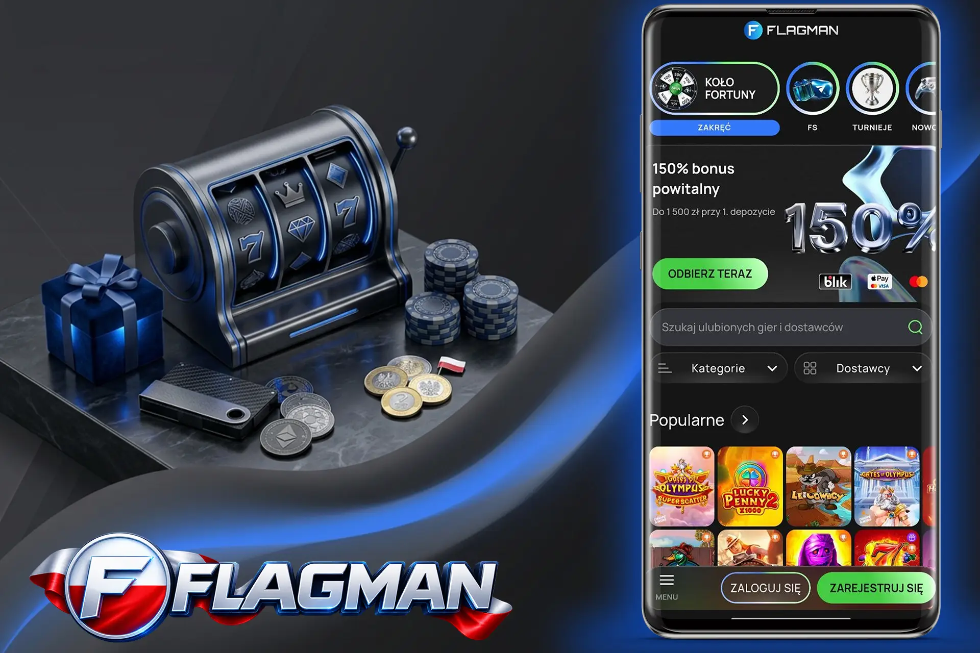 Podsumowanie kompleksowej oferty Flagman Casino, przedstawiające aplikację mobilną z bonusem powitalnym, automat do gry oraz polskie monety i kryptowaluty